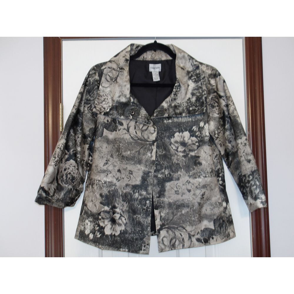 Chico's Elegant Floral Abstract Print Blazer Jacket Black Gray Special Occasion‎